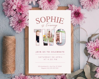 Second Birthday Invitation Template, Canva Template, Photo Birthday Invitation, Modern 2nd Birthday Invite, One Invitation, Printable Invite