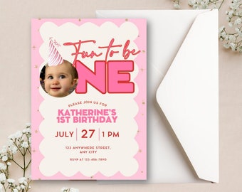 First Birthday Invitation Template, Canva Template, Photo Birthday Invitation, Modern 1st Birthday Invite, One Invitation, Printable Invite