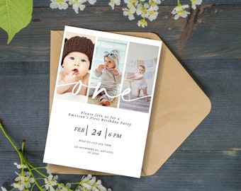 May include: A white card with a photo collage of a baby boy in three different poses. The card has the text "one" in a white cursive font. The text "Please join us for a Emerson's First Birthday Party" is printed below the photos. The date and time of the party are printed below the text: "FEB 24 | 6 PM". The RSVP information is printed below the date and time: "RSVP to +123-456-7890 123 Anywhere St., Any City, ST 12345"