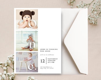 May include: A white card with a photo collage of a baby boy at different ages. The card says "John is turning one soon" and includes the date and time of the party. The card also includes the address of the party.