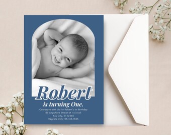 First Birthday Invitation Template, Canva Template, Photo Birthday Invitation, Modern 1st Birthday Invite, One Invitation, Printable Invite
