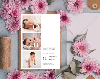 May include: A white card with a photo collage of a baby girl at different ages. The card says "Savannah is turning one" and includes details for a birthday party. The card is decorated with pink flowers.