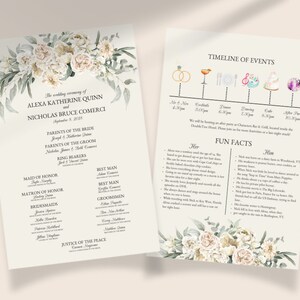 May include: Wedding program with a floral design featuring white and green flowers. The program includes the names of the bride and groom, the wedding date, the names of the wedding party, and a timeline of events. The program also includes fun facts about the bride and groom.