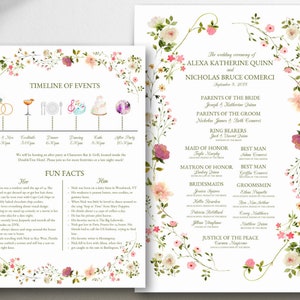May include: A wedding invitation with a floral design. The wedding ceremony is for Alexa Katherine Quinn and Nicholas Bruce Comerci on September 8, 2018. The invitation includes a timeline of events, fun facts about the couple, and the wedding party.