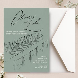 Modelo de convite para jantar de ensaio, convite caprichoso desenhado à mão, ensaio de casamento, modelo editável de convite na noite anterior