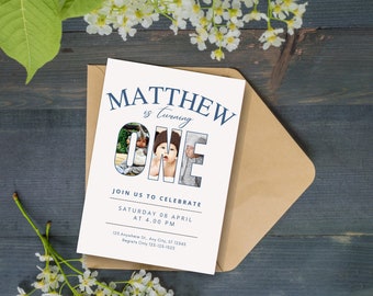 May include: A white invitation card with blue text announcing a first birthday party for Matthew. The card features a photo collage of a baby in the letters "ONE". The text reads "Matthew is turning One. Join us to celebrate Saturday 08 April at 4:00 PM. 125 Anywhere St, Any City, ST 12345. Regrets Only 125-125-1525."