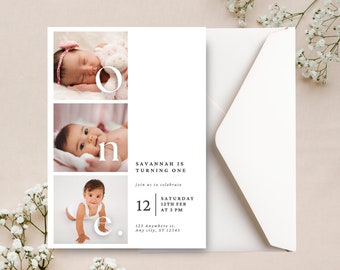 May include: A white card with a photo collage of a baby girl at different ages. The card says "Savannah is turning one" and includes details for a birthday party.