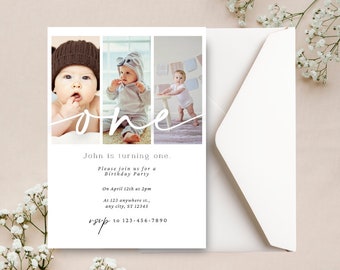 May include: A white card with a photo collage of a baby boy in three different poses. The card says "one" in a handwritten font and includes the text "John is turning one. Please join us for a Birthday Party On April 12th at 2pm At 123 anywhere st., any city, ST 12345 rsvp to 123-456-7890".