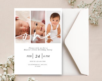 Op de afbeelding: Een witte kaart met een collage van drie foto's van een babymeisje op verschillende leeftijden. De foto's zijn verticaal gerangschikt. De tekst "one" is in wit cursief boven de foto's geschreven. De tekst "Please join us for a Maeve's First Birthday Party" staat onder de foto's. De datum en tijd van het feest zijn onder de tekst geschreven: "FEB 24 6 PM". De RSVP-informatie staat onder de datum en tijd: "RSVP TO +123-456-7890 123 ANYWHERE ST., ANY CITY, ST 12345"