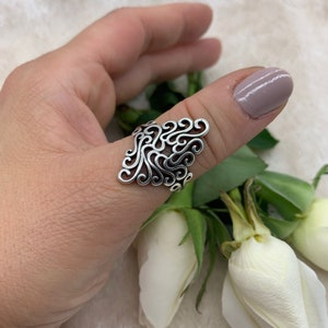 Silver Filigree Thumb Ring-Leaf Chunky Ring-Boho Adjustable Open Thick Ring-Vintage Rings for Women-Gift For Her-Mothers Day Gift-Moms Gift