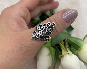 Silver Filigree Thumb Ring-Leaf Chunky Ring-Boho Adjustable Open Thick Ring-Vintage Rings for Women-Gift For Her-Mothers Day Gift-Moms Gift