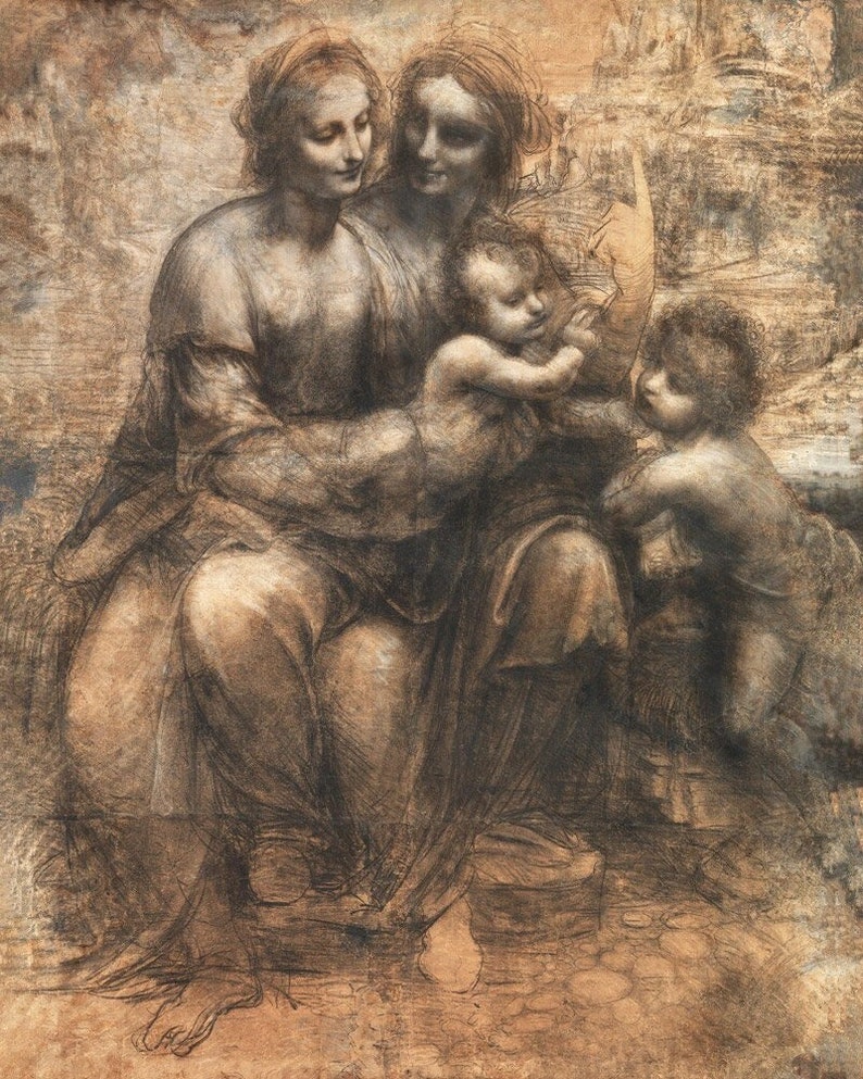 May include: A black and white drawing of a woman holding a baby in her arms. A young child stands to the right of the woman, looking at the baby. The drawing is on a textured paper background.