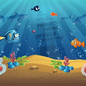 Framed photo paper poster. Digital illustration: Fish playing with a ball with a pirate ship in the background.