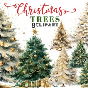 Watercolor Christmas Trees Clipart Bundle, Painted Tree Clipart PNG, Cute Christmas Trees Illustrations, Instant Download for Commercial Use