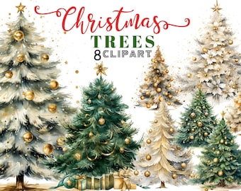 Watercolor Christmas Trees Clipart Bundle, Painted Tree Clipart PNG, Cute Christmas Trees Illustrations, Instant Download for Commercial Use