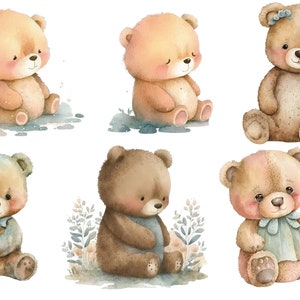 May include: Six watercolor illustrations of brown teddy bears with different expressions. The bears are sitting on a white background with some greenery and flowers.