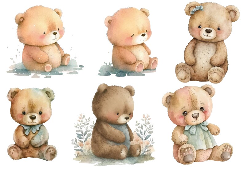 May include: Six watercolor illustrations of brown teddy bears with different expressions. The bears are sitting on a white background with some greenery and flowers.