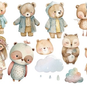 May include: Watercolor illustration of a collection of cute woodland animals, including bears, a raccoon, a deer, and a girl with a flower crown. The illustration also includes clouds and raindrops, creating a whimsical and charming scene.