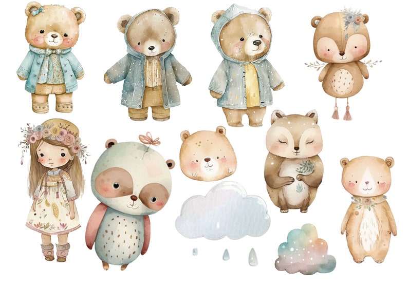 May include: Watercolor illustration of a collection of cute woodland animals, including bears, a raccoon, a deer, and a girl with a flower crown. The illustration also includes clouds and raindrops, creating a whimsical and charming scene.