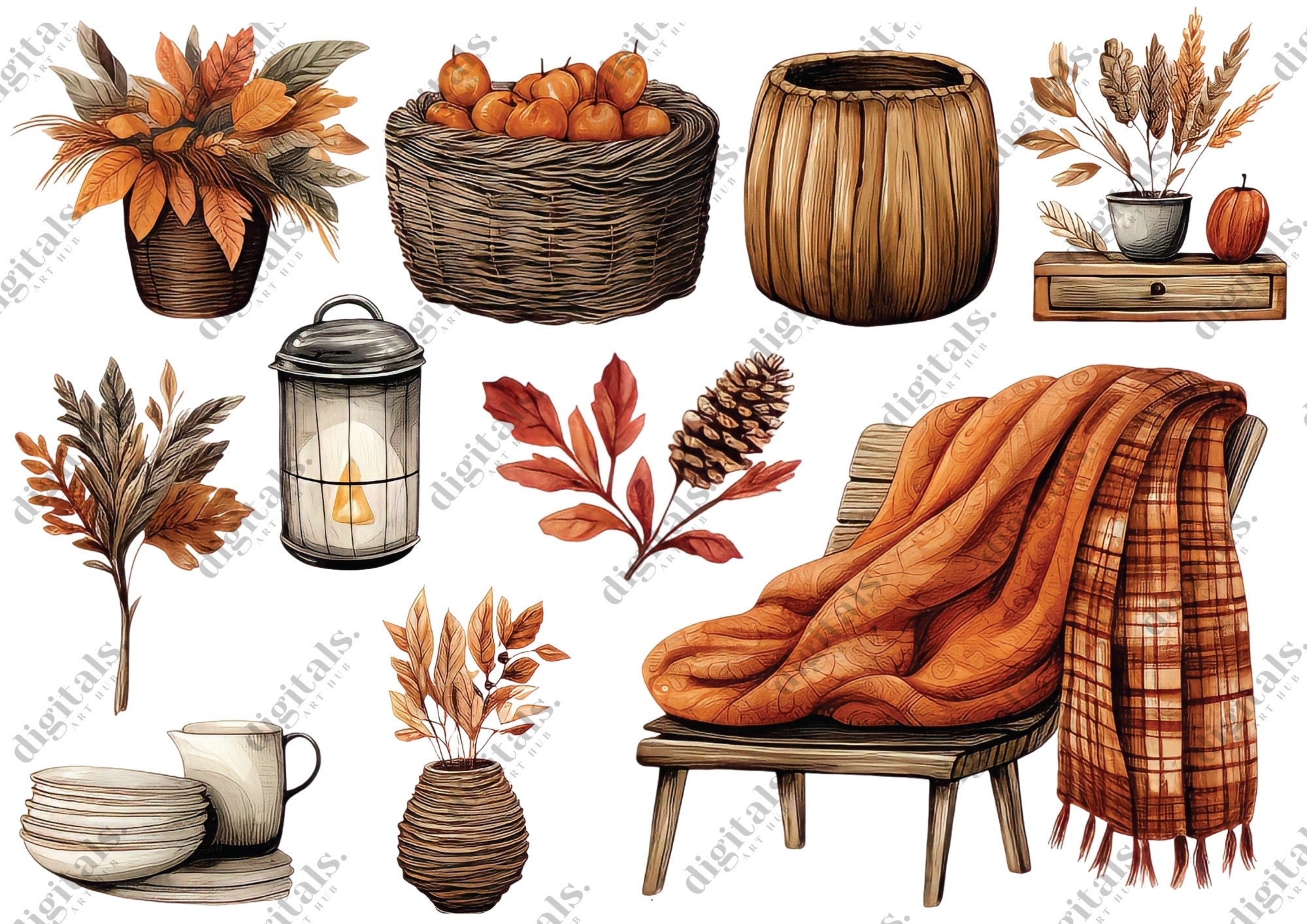 Watercolor Autumn Clipart, Cozy Fall Clipart Bundle, 53 PNG Watercolor ...