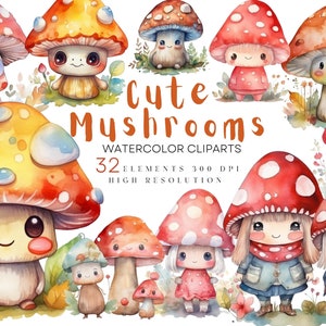 Watercolor Mushroom Clipart Cute Character Toadstool Magic Mushroom PNG Nature Clip art Fairy Fall Watercolor Forest- Cute Sublimation