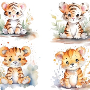 Pode incluir: Quatro ilustra&ccedil;&otilde;es de aquarela de ador&aacute;veis ​​tigres beb&ecirc;s com listras laranja e pretas. Cada tigre est&aacute; sentado em um fundo diferente com respingos de aquarela.