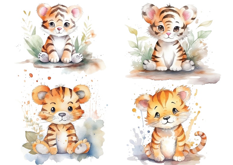 Pode incluir: Quatro ilustra&ccedil;&otilde;es de aquarela de ador&aacute;veis ​​tigres beb&ecirc;s com listras laranja e pretas. Cada tigre est&aacute; sentado em um fundo diferente com respingos de aquarela.