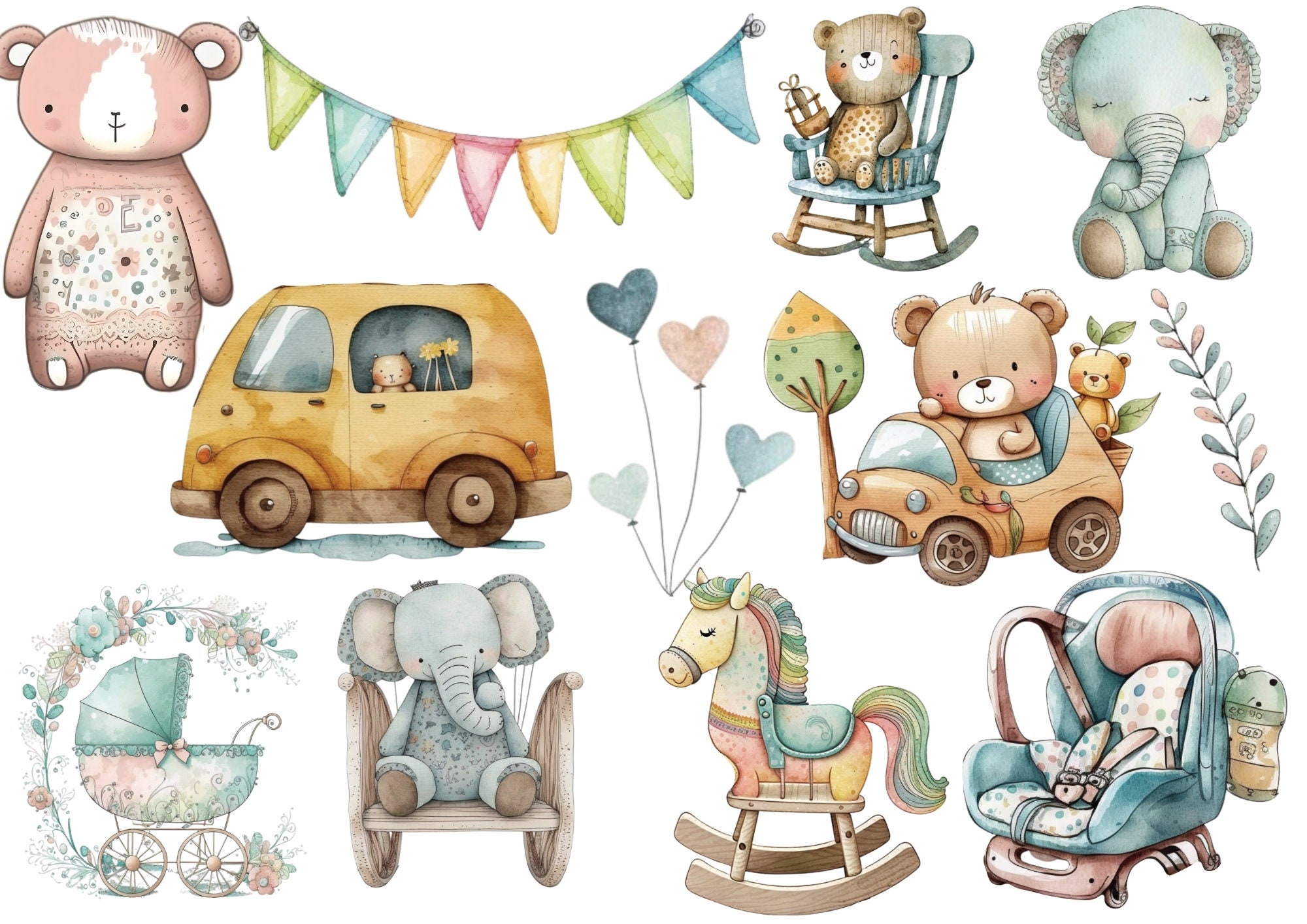 Boho Baby Shower Clipart, Watercolor Clipart Bundle, Nursery Decor PNG ...