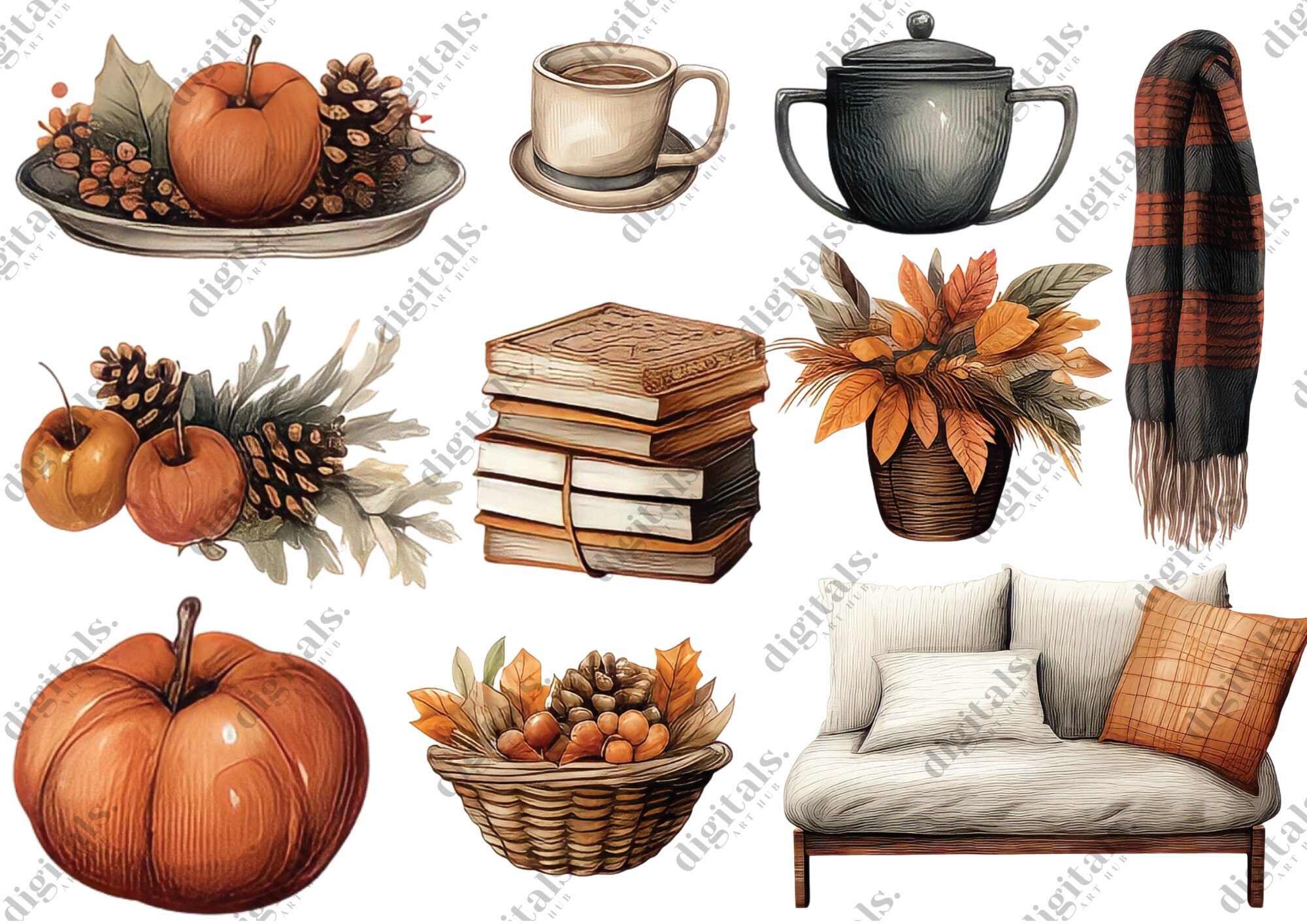 Watercolor Autumn Clipart, Cozy Fall Clipart Bundle, 53 PNG Watercolor ...
