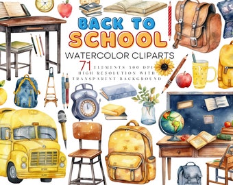 Watercolor Back to School Clipart, School Png Bundle For Creators, Watercolor School Clipart, Watercolor School Printable, School Clipart