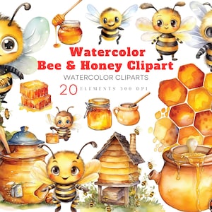 Watercolor Bee Clipart, Cute Bees Clip Art PNG, Instand Download, Honeybee Clipart, Honey Jar Graphics, Summer Clipart - Free Commercial Use