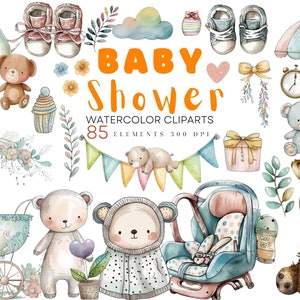 かわいいベビーシャワーの水彩画のクリップアート、ベビー服のクリップアート、新生児のクリップアート、保育園のテディベアのクリップアート、保育園のおもちゃ、PNG の即時ダウンロード
