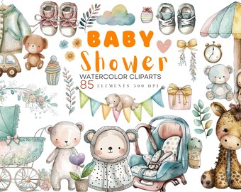 Cute Baby Shower Watercolor Clipart, Baby Clothes Clipart, Newborn ClipArt, Nursery Teddy Bear Clipart, Nursery Toys, PNG Instant Download