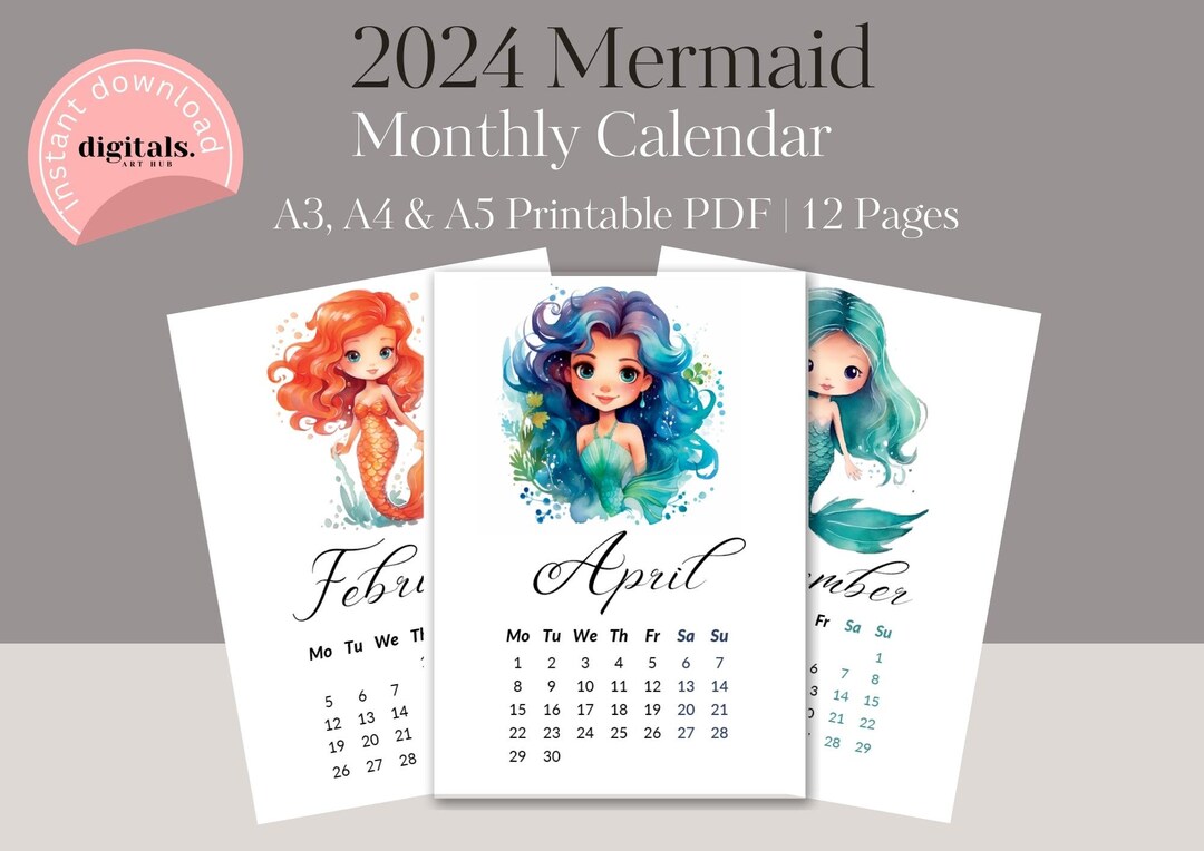 2024 Marmaid Calendar Printable, Ocean Cute Siren Calendar 2024, 12 Month Calendar 2024 for