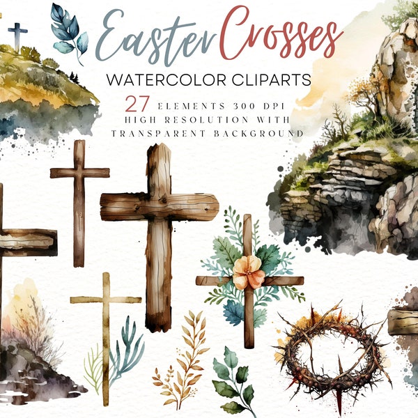 Watercolor Easter Crosses Clipart Jesus Easter Story Bible Clipart Wooden Cross PNG Jesus Risen Religious Easter Resurrection Sublimation