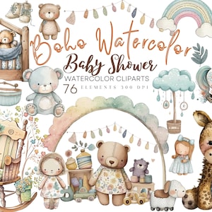 Boho Baby Dusche Clipart, Aquarell Clipart Bundle, Kinderzimmer Dekor PNG, Boho Aquarell, Neugeborene Boho Kind, sofortiger Download kommerzielle Nutzung