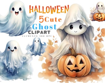 Watercolor Cute Ghost Clipart, Watercolor Ghost PNG, Spooky Halloween Ghost Clipart, Cute Nursery Clipart PNG SVG Free Commercial Use Bundle