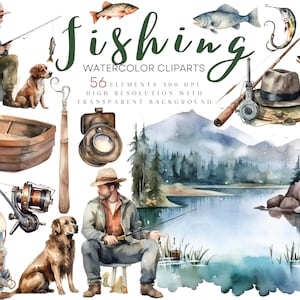 Watercolor Fishing Clipart, Fathers Day Fishing Clipart Bundle, Fish PNG People Clip Art Fishing Items Download Watercolor Fishing Supplies