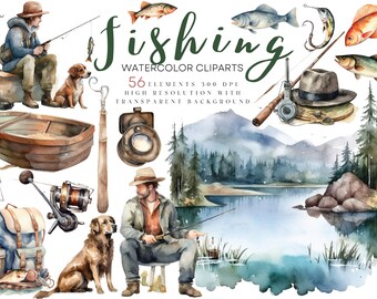 Watercolor Fishing Clipart, Fathers Day Fishing Clipart Bundle, Fish PNG People Clip Art Fishing Items Download Watercolor Fishing Supplies