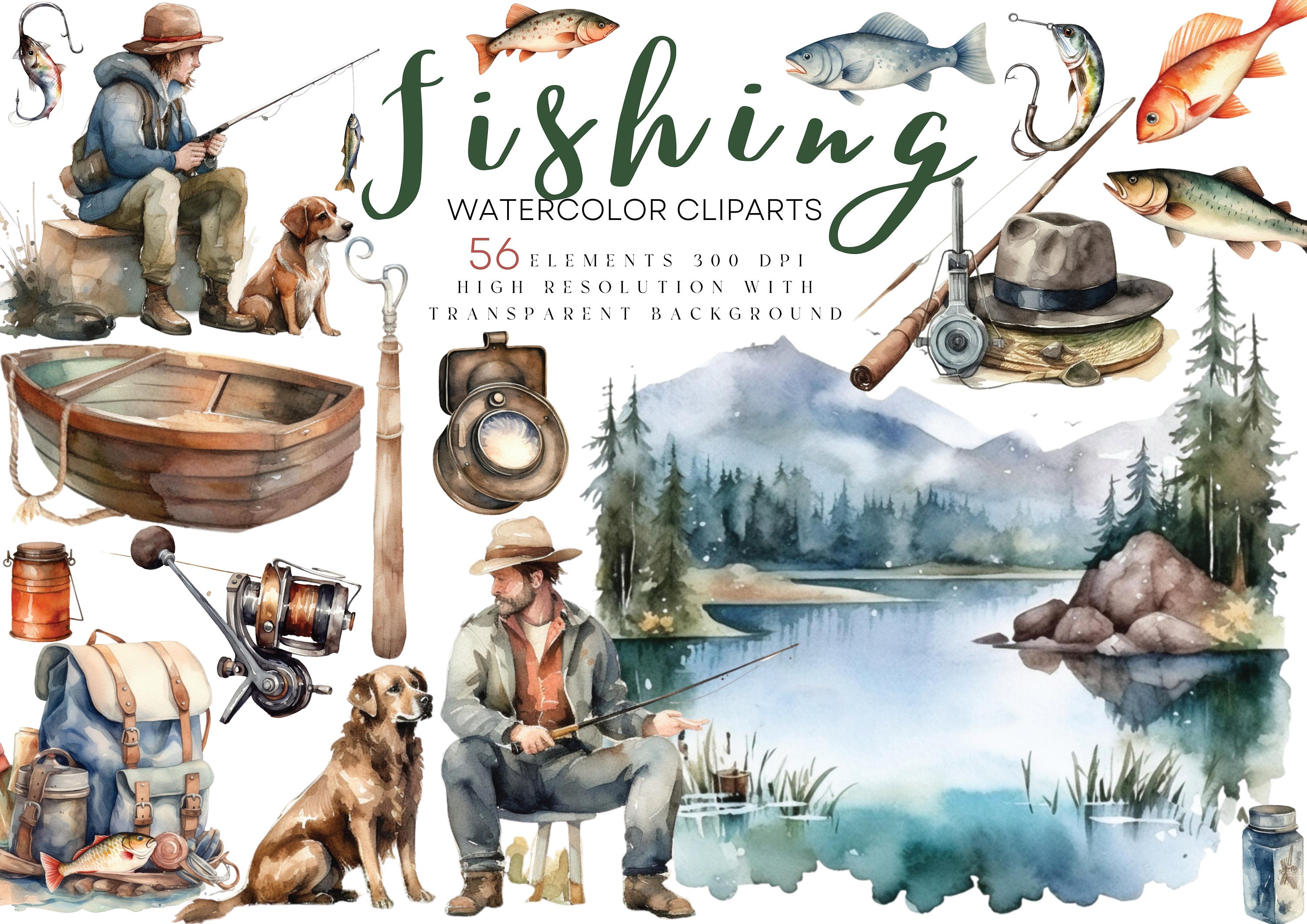 Watercolor Fishing Clipart, Fathers Day Fishing Clipart Bundle