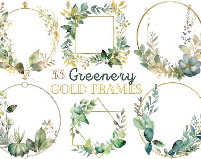 Eucalyptus and Gold Frame Clipart, Green Leaves Garland PNG, Greenery ...