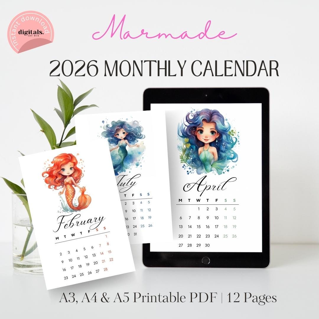 Mermaid Calendar 2025 Monthly Wall Calender 12 Month American Made I