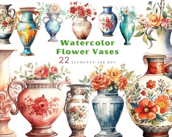 Aquarell Vase mit Blumen, antike Vase PNG, sofortiger Download, Sommer Clipart Blumen, kostenlose kommerzielle Nutzung