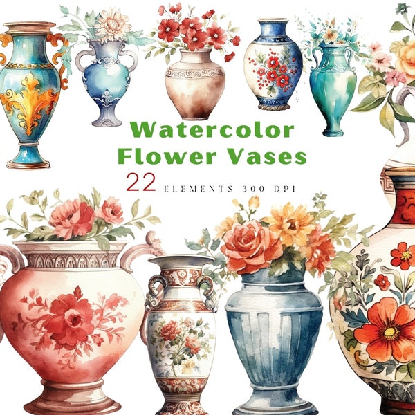 Watercolor Vase of Flowers, Antique Vase PNG, Instant Download, Summer Clipart Florals, Free Commercial Use