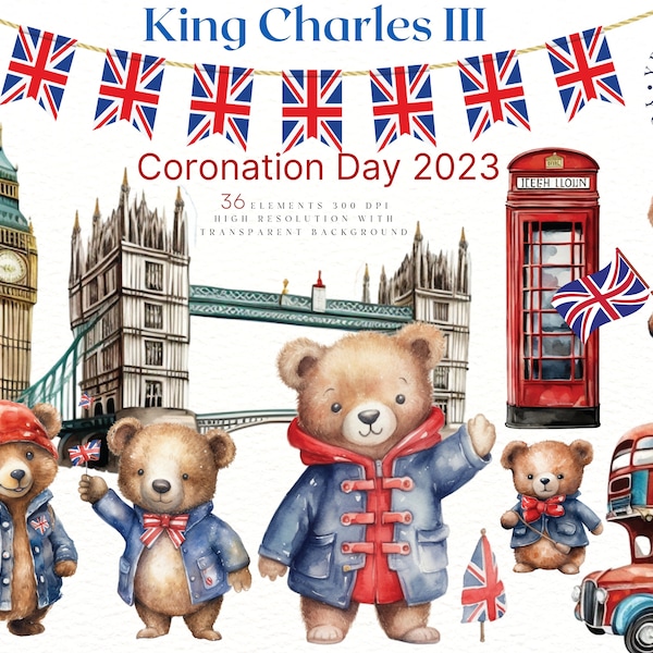 King Charles III Coronation Day 2023 Acuarela Clipart Uso comercial gratuito Londres PNG, Little Bear In London Clipart Sublimation Design PNG