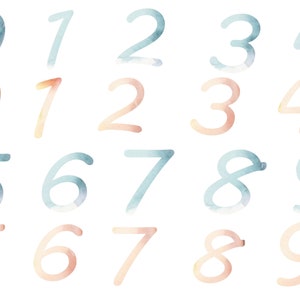 May include: Watercolor numbers 0 through 9 in two color schemes: blue and peach. The numbers are hand-painted in a casual, handwritten style.