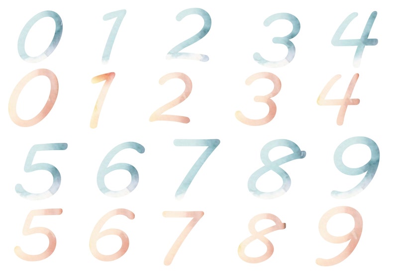 May include: Watercolor numbers 0 through 9 in two color schemes: blue and peach. The numbers are hand-painted in a casual, handwritten style.