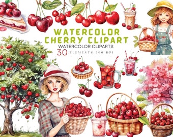 Watercolor Cherry Clipart, Red Fruit Clipart PNG, Instant Download, Cherry Pie Sweets, Food Clipart, Summer Fruits Clipart, Free Commercial