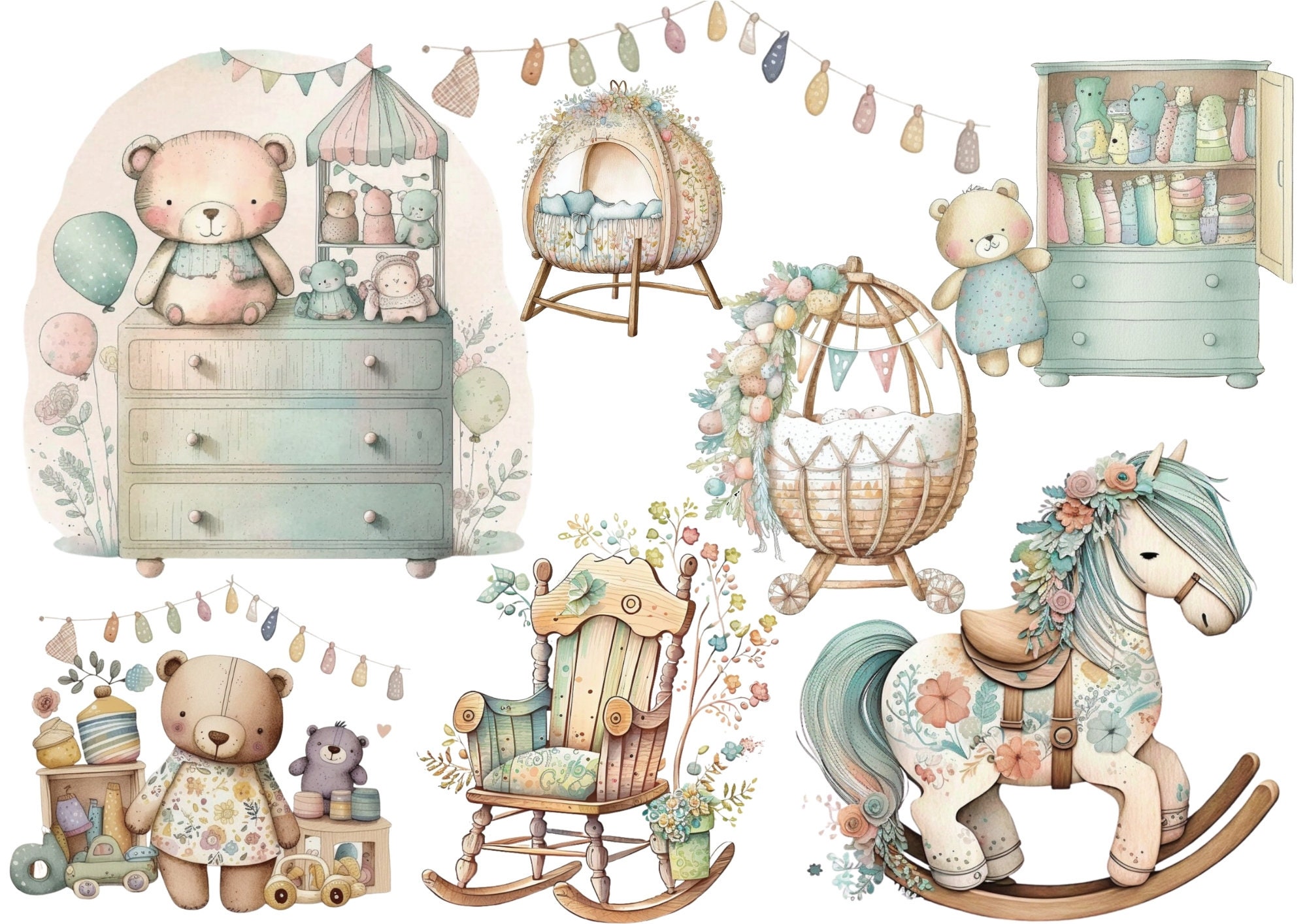 Boho Baby Shower Clipart, Watercolor Clipart Bundle, Nursery Decor PNG ...