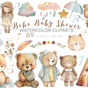 Aquarell Boho Baby Dusche Clipart, Kinderzimmer Teddy Bär Clip Art, Instand Download Png, süße Boho Clipart, Neugeborenen Aquarell Clipart, Teddy